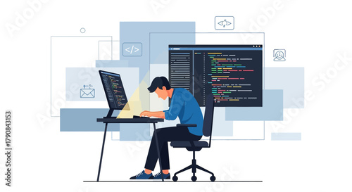 Illustrative depiction of a software developer coding at his desk with multiple screens