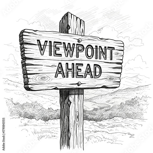 Viewpoint Ahead Artistic Sign with a Hand-Drawn Mountainous Landscape
