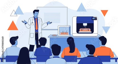 Illustrative medical lecture with 3D skin printer and students attending presentation