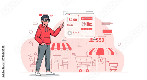 Immersive Shopping Experience: Man Navigating Virtual Marketplace with Augmented Reality Headset