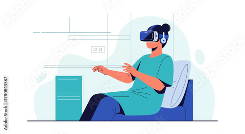 Immersive virtual reality experience featuring a woman in a headset exploring digital environments