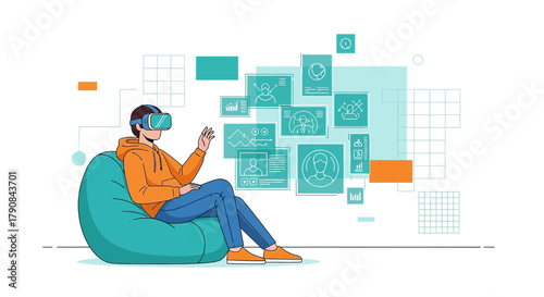 Immersive virtual reality experience with interconnected data interfaces showcased in a modern