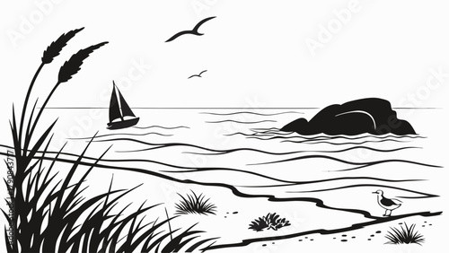 Black and White Coastal Beach Scene with Sailboat and Flying Seagulls. Peaceful Summer Vacation Illustration for Travel Blogs and Web Design