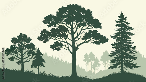 Peaceful Layered Forest Trees Silhouette Landscape Vector Illustration for Nature Conservation and Sustainable Design