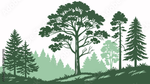 Vibrant Green Forest Landscape Vector Art Illustrating Thriving Nature for Environmental Protection Eco-Tourism and Outdoor Lifestyle Design