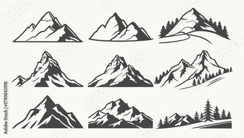 Vector Mountain Icons Set for Outdoor Adventure Logos Travel Badges Nature Tourism Branding and Graphic Design Elements