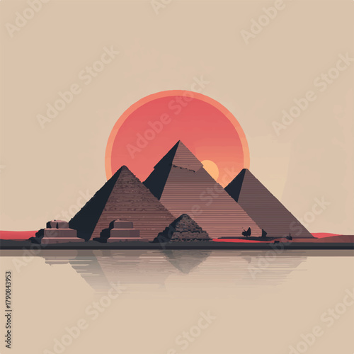 Egyptian Pyramids at Sunset Illustration with Water Reflections and Warm Tones A Timeless Desert Landscape with Ancient Landmarks and Serene Ambiance for Travel and Historical Exploration