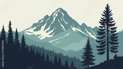 Majestic Serene Mountain Landscape Vector Art with Pine Forest for Outdoor Travel Tourism and Eco Friendly Web Design Background