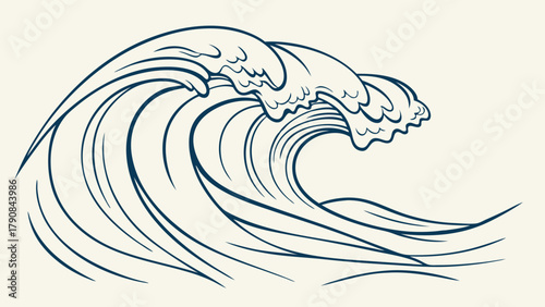 Vector Line Art Crashing Ocean Wave. Dynamic Sea Water for Travel, Surf, Beach, Nature, and Environmental Design.