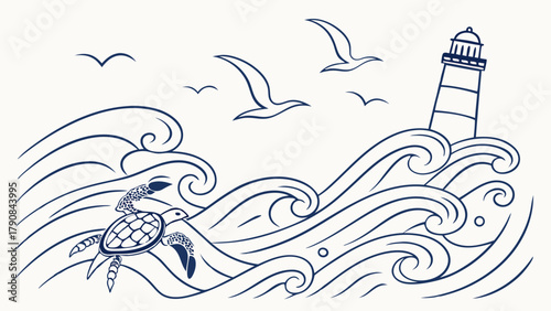 Nautical Hand Drawn Ocean Waves Lighthouse Sea Turtle and Seagulls for Summer Vacation and Marine Conservation Design