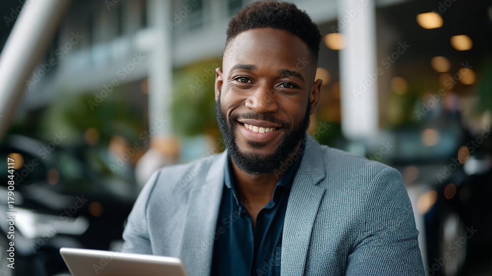 Fototapeta premium Portrait of smiling interracial salesman using tablet at car showroom while looking at camera, modern sales technology, auto dealership, with copy space