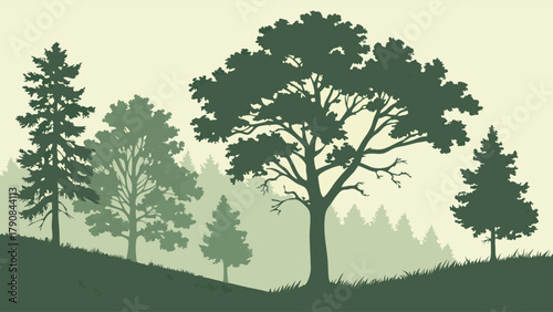 Layered Green Forest Silhouette Landscape with Hills Peaceful Nature Background for Environmental Design Sustainable Branding Eco Tourism and Wellness Apps