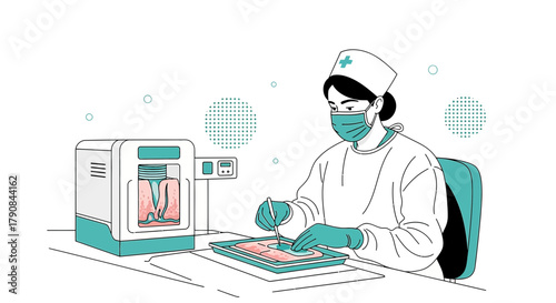 Innovative medical technology illustration showcasing 3D bio-printing and surgery preparation
