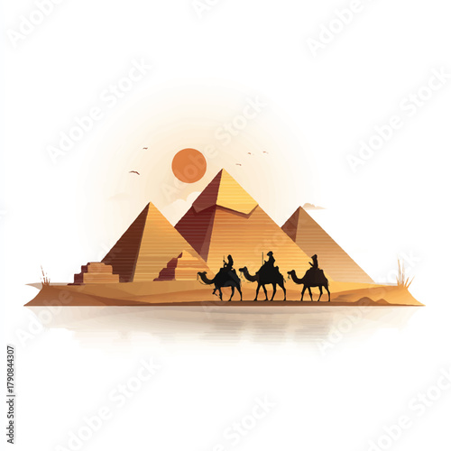 Egyptian Pyramids Silhouette with Camel Caravan at Sunset Beautiful Desert Landscape Travel Adventure and Ancient History Illustration Featuring Riders on Camels