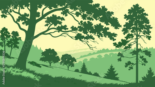 Peaceful Green Forest Landscape Silhouette Vector for Nature Conservation, Eco-Friendly Branding, Outdoor Travel, and Sustainable Living Designs