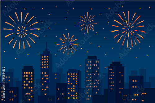Colorful Fireworks Over City Skyline at Night in Flat Design