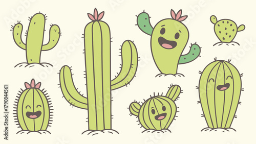 Happy Smiling Cartoon Cactus Vector Set for Kids' Education, Fun Web Design, and Playful Social Media Graphics. Cute Desert Plant Doodles.