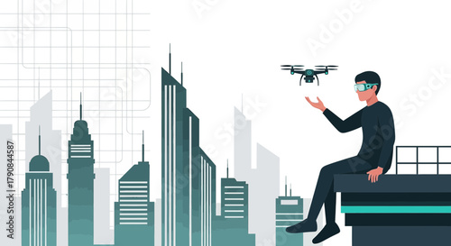 Man controls a drone in the futuristic city with augmented reality technology concept