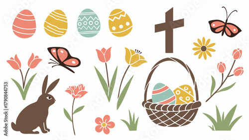 Festive Easter Spring Holiday Vector Elements Collection for Digital and Graphic Design with Eggs Bunny Flowers Cross Basket