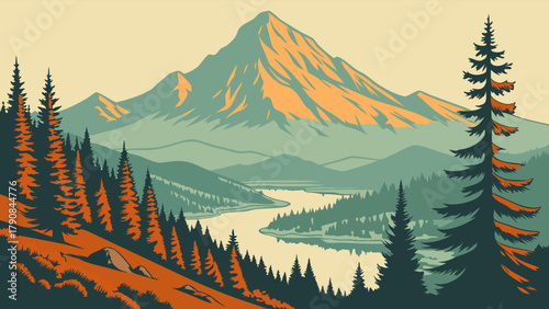 Serene Mountain River Landscape Flat Design Illustration for Travel Blogs Outdoor Adventure Tourism Websites and Nature Conservation