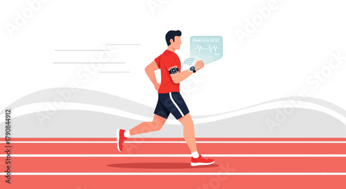 Man running with wearable health technology monitoring real-time ECG data with wireless