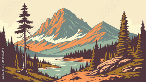 Majestic Retro Mountain Lake Landscape Vector Art. Outdoor Adventure Travel, Nature Tourism, Web Design, Branding, Poster Design