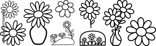 Daisy Flower Outlines in Vases and Groups Black and White Style