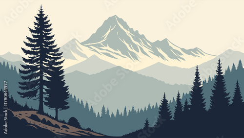 Peaceful Mountain Landscape with Evergreen Forest and Pine Trees Minimalist Vector Art Nature Background for Travel and Outdoor Websites