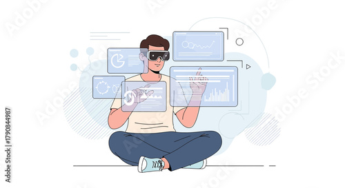 Man using augmented reality interface and wearing VR glasses to interact with data displays