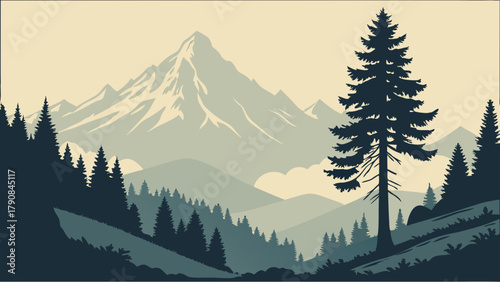 Majestic Minimalist Mountain Landscape Vector Art with Serene Pine Forest for Nature Travel Outdoor Adventure Web Design