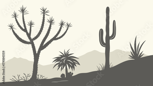 Tranquil Southwest Desert Landscape Silhouette Vector with Joshua Tree Saguaro Cactus for Nature Travel Web Design
