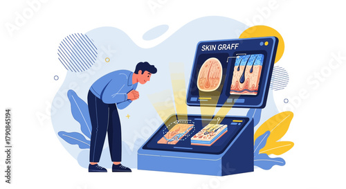 Man viewing skin graft information on a digital display with modern technology setup showing