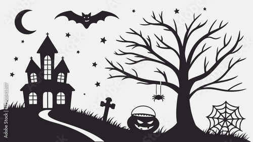 Festive Halloween Silhouette Scene with Haunted House Bat Tree Spider and Jack O Lantern for Spooky Party Invitations Seasonal Marketing and Web Design