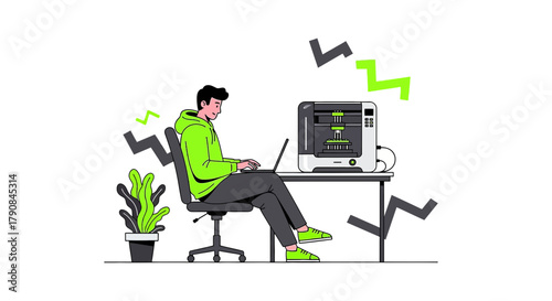 Man working on laptop next to 3D printer, modern technology and creative environment illustration