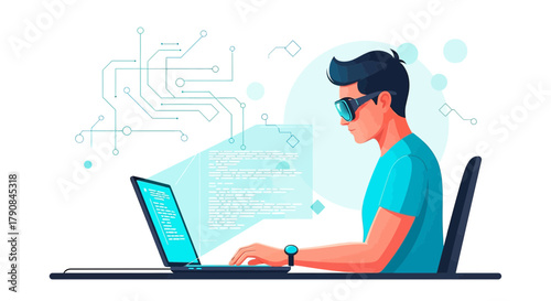 Man working on laptop illustration depicting software development and technology concept