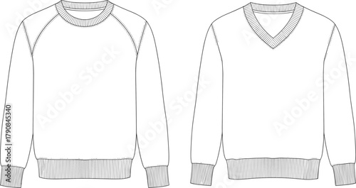 cad drawing flat vector, sweater sketch, crew neck raglan, v neck set in sleeve, fashion design template, apparel illustration, garment construction