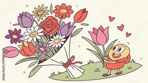 Happy Cartoon Child Gifting Colorful Spring Flowers Bouquet for Mother's Day. Expressing Love and Gratitude.