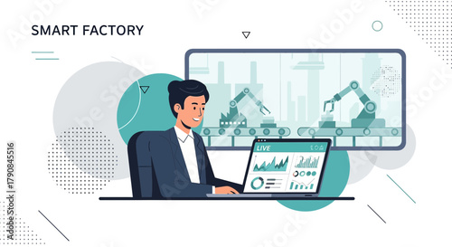 Manager overseeing smart factory operations with real time data analysis, driving efficiency and