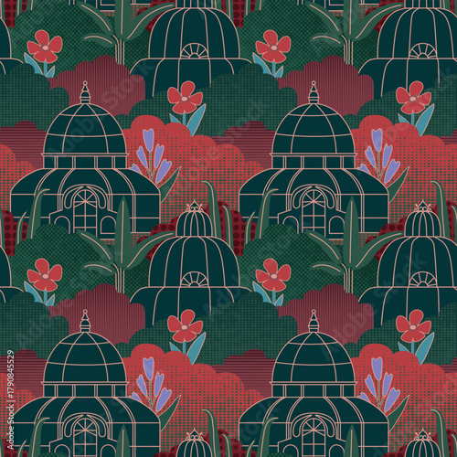 Victorian greenhouse pattern, garden illustration, elegant botanical design.
