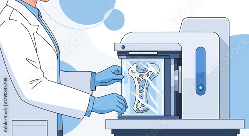 Medical professional examining bone structure through advanced imaging technology in lab environment