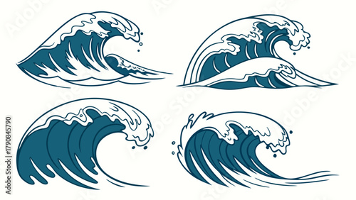 Dynamic Ocean Waves Illustration Set. Stylized Sea Water Elements for Graphic Design, Web Backgrounds, Travel, Nature, and Energy Themes. Powerful Blue Waves.