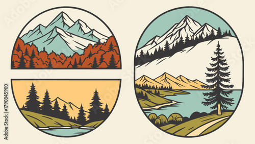Retro Nature Landscape Illustrations for Outdoor Adventure Travel Tourism Marketing Graphic Design Featuring Mountains Forests Lakes and Serene Wilderness