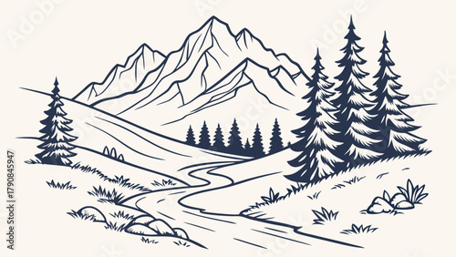 Serene Mountain Landscape Line Art with Winding River and Pine Trees. Hand Drawn Outdoor Wilderness Illustration for Nature Travel, Adventure, and Branding.
