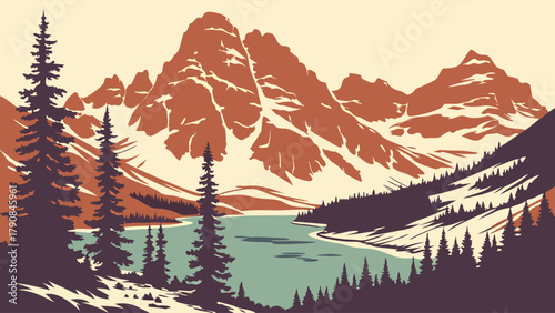 Serene Majestic Vintage Mountain Lake Landscape Illustration for Travel Tourism Outdoor Adventure Web Design and Print Media Background