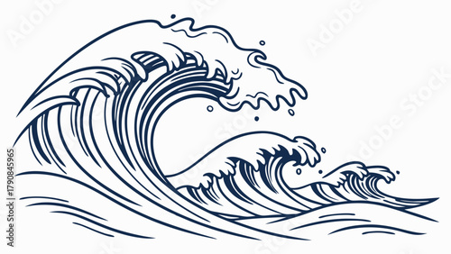 Dynamic Powerful Crashing Ocean Waves Line Art Graphic. Sea Water for Marine, Surf, Travel, Nature, and Adventure Branding, Web Design.