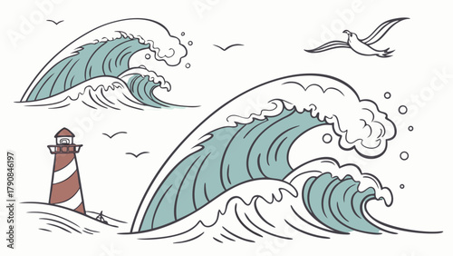 Nautical Ocean Waves Lighthouse and Flying Seagulls Hand Drawn Vector Illustration for Summer Travel Coastal Vacation and Marine Design