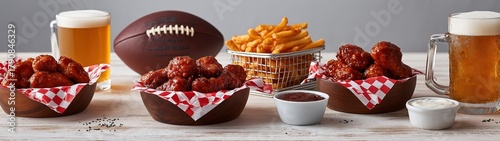 A spread of boneless chicken wings, french fries, and beer for a football game day party. Classic sports bar appetizers and snacks on a wooden table