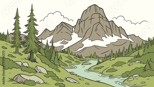 Illustrated Mountain Valley Landscape with River, Pine Trees, and Snow Caps. Scenic Nature View for Travel, Outdoor Recreation, Environmental Campaigns, and Web Design.