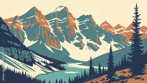 Retro Vector Mountain Landscape with Lake and Pine Trees for Outdoor Adventure Travel and Nature Tourism