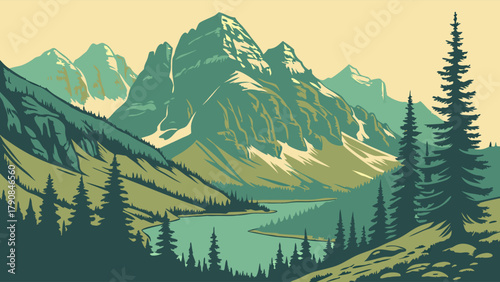 Majestic Mountain Landscape Illustration with Tranquil Lake and Evergreen Forest. Vintage Travel Poster Art for Outdoor Adventure and Nature Tourism